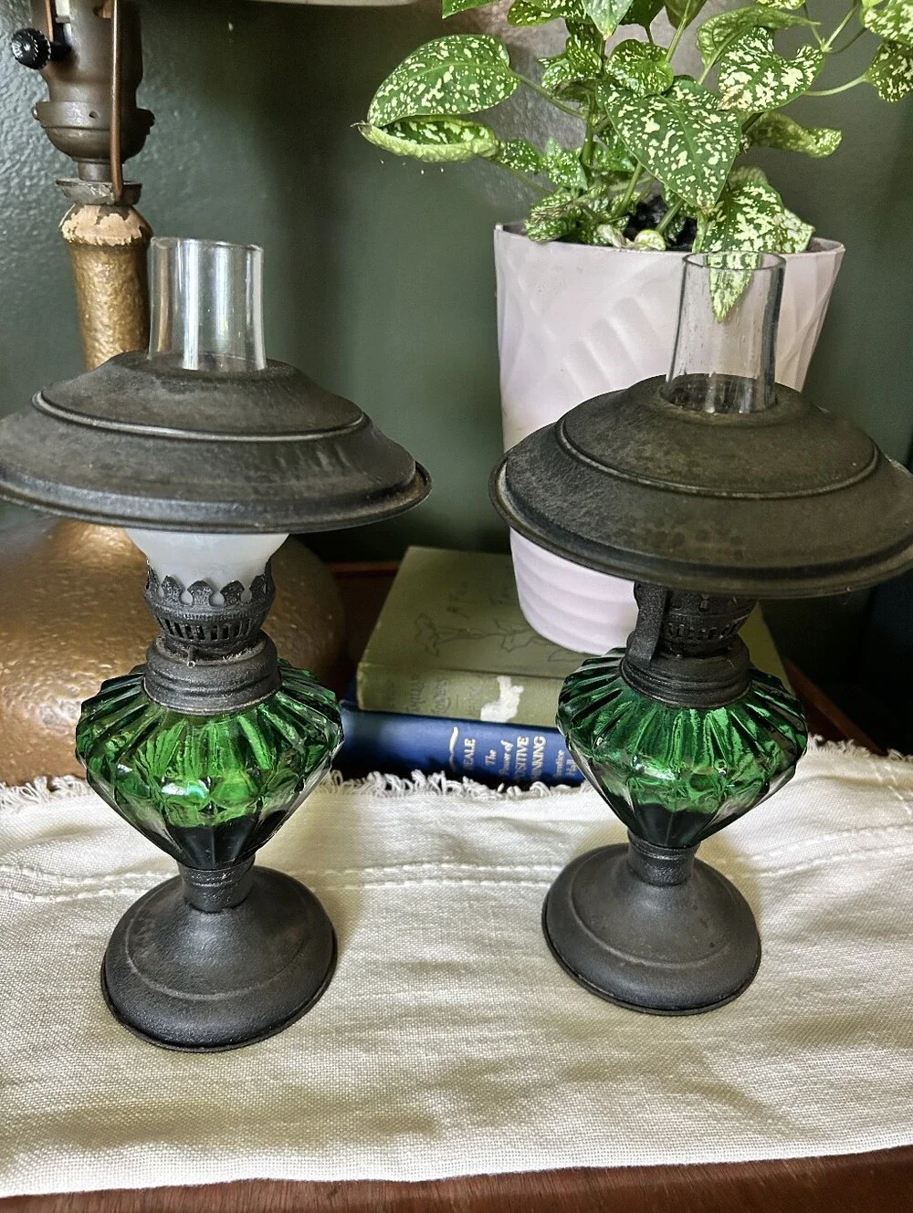 Vintage Green Glass Mini Oil Lamps | Set of 2